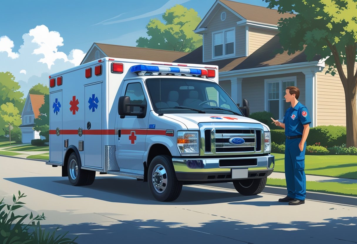 Ambulância Particular Preço: Guia Completo de Custos e Serviços no Brasil 5 Uma ambulância particular estacionada em frente a uma casa, com um paramédico conversando com um familiar preocupado na porta.