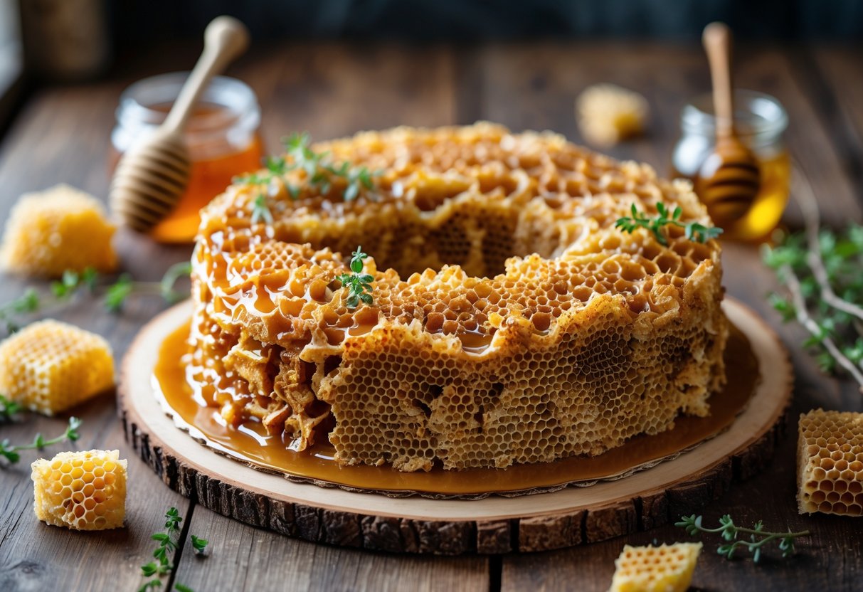 A detailed wasp nest cake on a wooden table with honeycomb pieces and a jar of honey nearby.