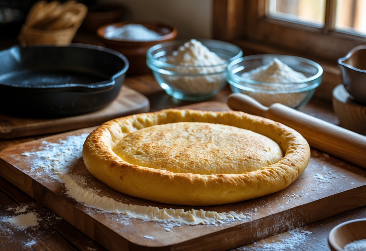 Freshly made golden brown Navajo fry bread on a wooden cutting board in a rustic kitchen with baking ingredients and a rolling pin nearby.