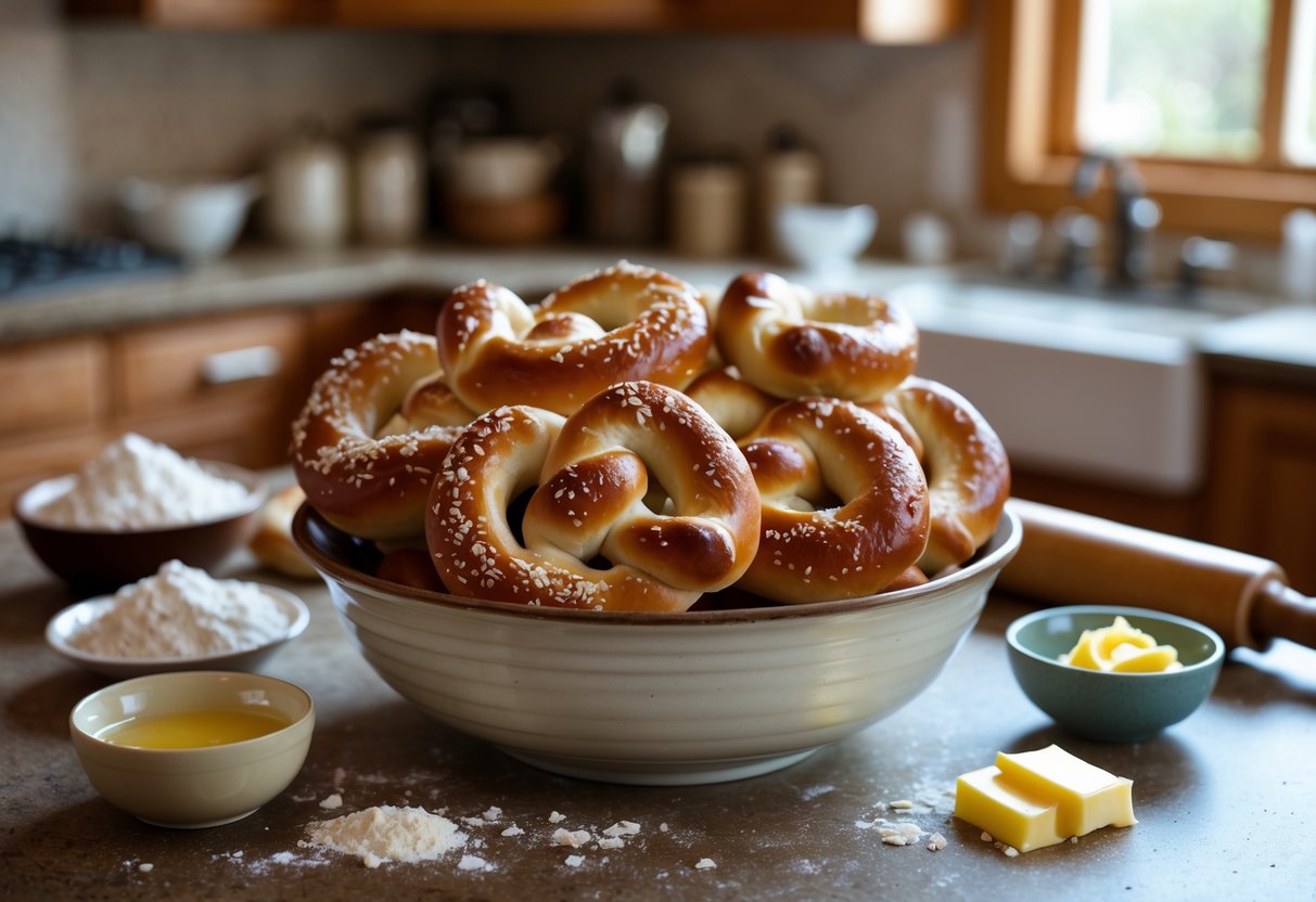 A bowl of freshly baked pretzels on a kitchen countertop surrounded by baking ingredients and utensils.