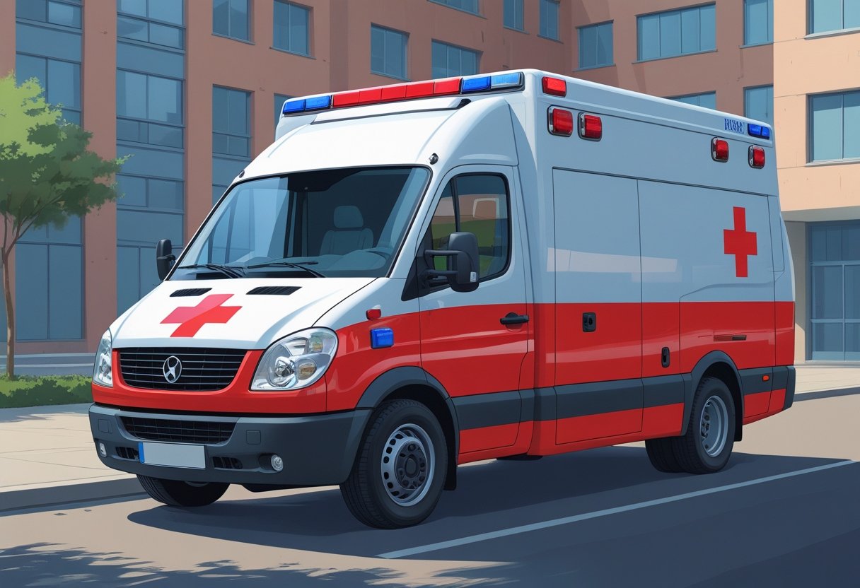 Uma ambulância Tipo A branca com marcas vermelhas e azuis estacionada em frente a um hospital.