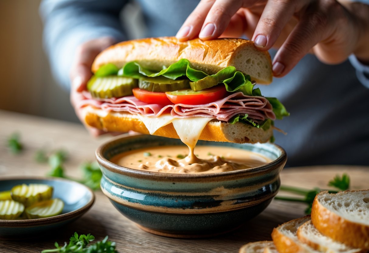 A close-up of a sub sandwich being dipped into a bowl of creamy dip on a wooden table.