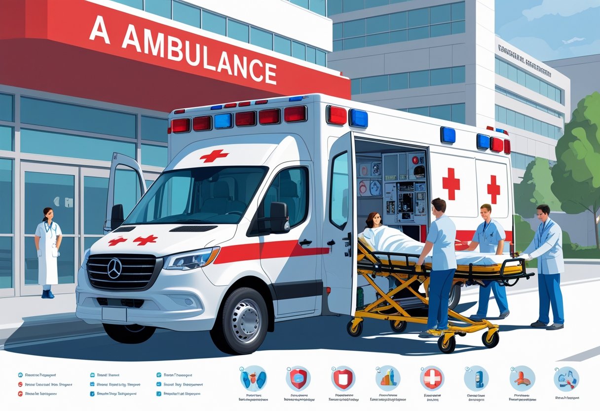 Ambulância Tipo A estacionada em frente a um hospital, com equipe médica transferindo um paciente em maca para dentro do veículo.