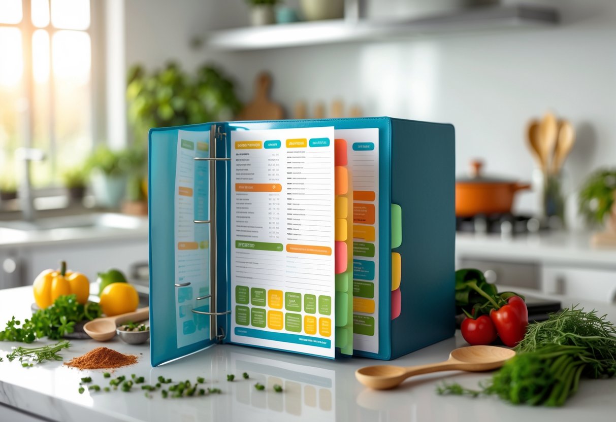An open recipe binder on a kitchen countertop surrounded by fresh ingredients and utensils.
