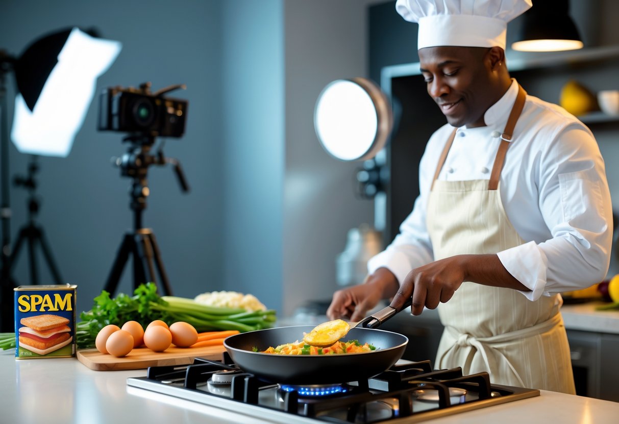 A chef cooking a Spam dish in a modern kitchen during a TV commercial shoot with studio lights and camera equipment visible.