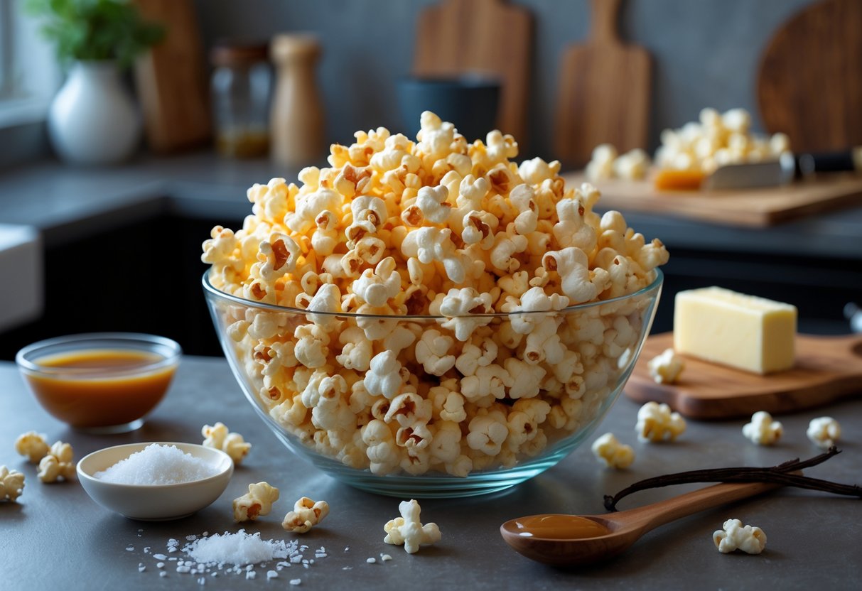 A bowl of salted caramel popcorn on a kitchen counter surrounded by caramel sauce, sea salt, and cooking ingredients.