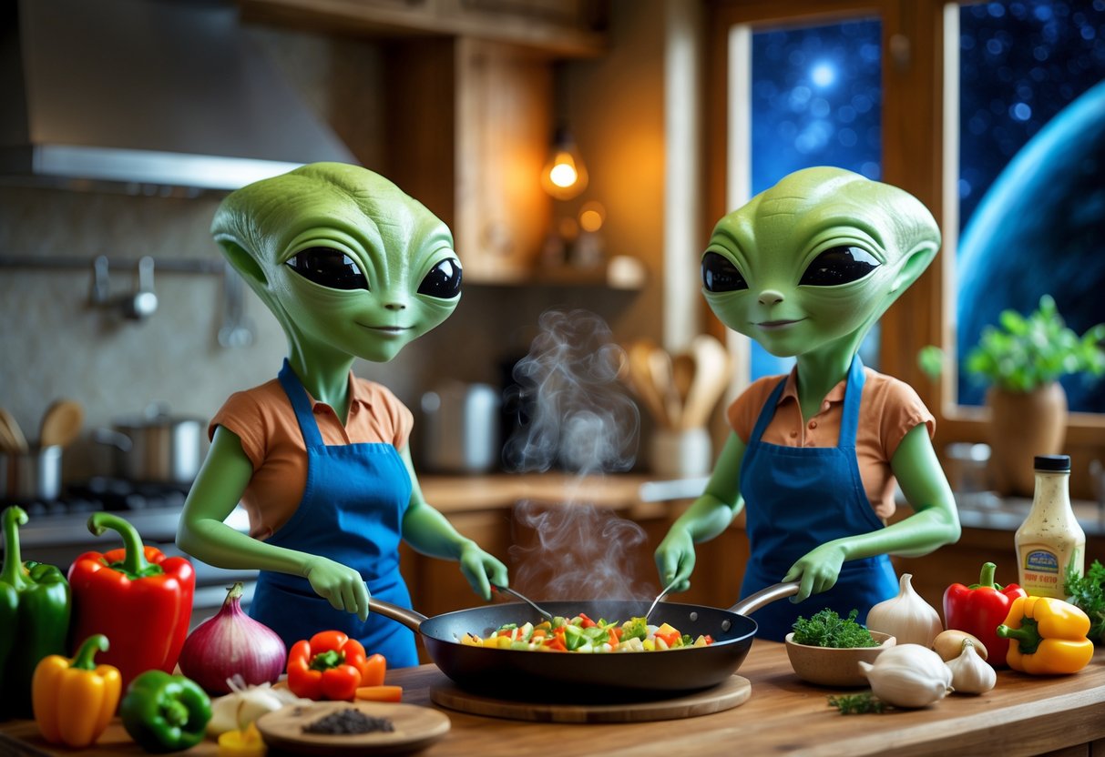 Two green-skinned aliens cooking a Cajun ranch meal together in a cozy kitchen with fresh ingredients and a starry night sky visible through the window.