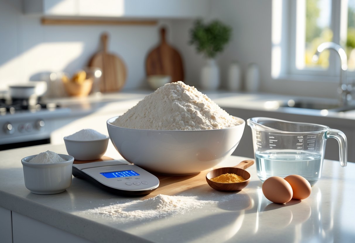 A kitchen countertop with ingredients and utensils arranged for making puff puff using 1kg of flour.