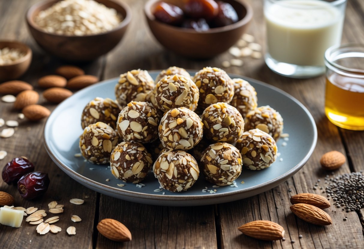 Plate of round protein balls coated with coconut and nuts on a wooden table surrounded by almonds, dates, chia seeds, honey, oats, and almond milk.