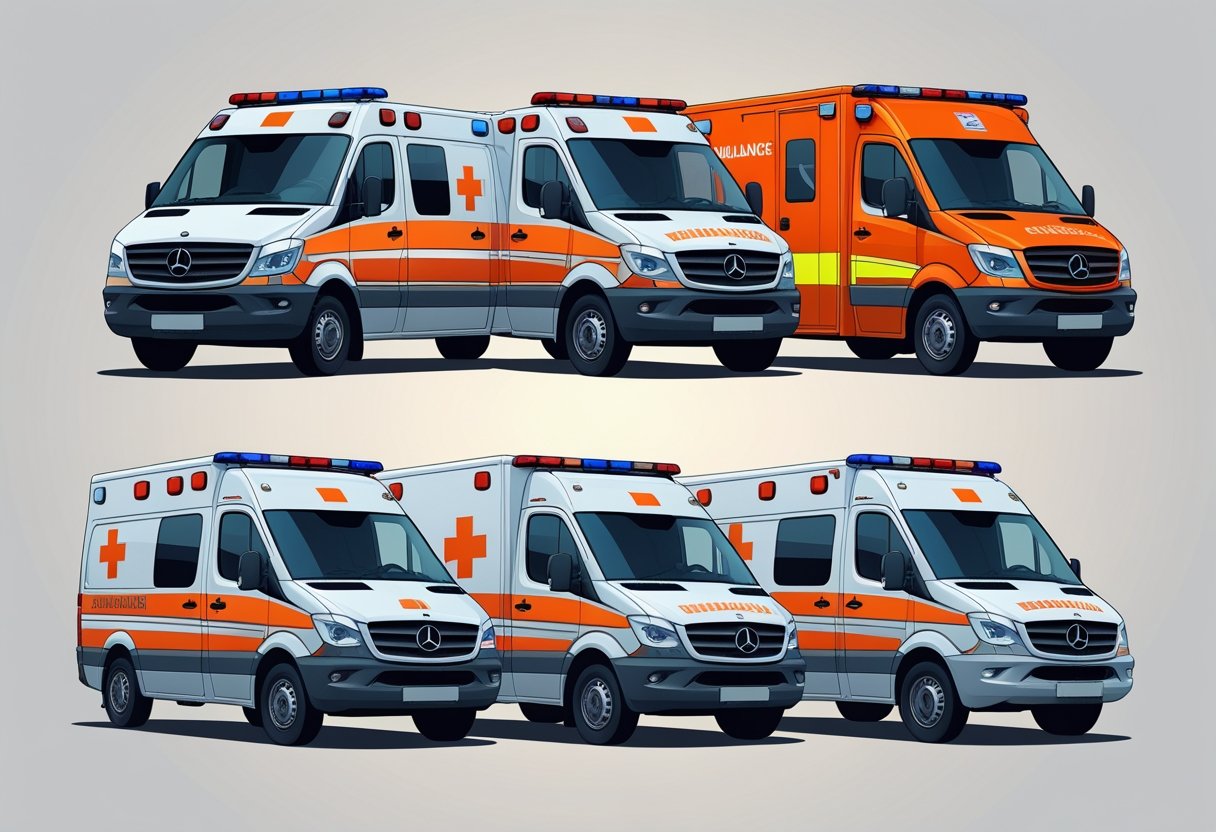 Ambulância Emergência: Como Funciona o Atendimento Pré-Hospitalar no Brasil 5 Vários tipos de ambulâncias de emergência alinhadas, mostrando diferentes modelos e equipamentos.