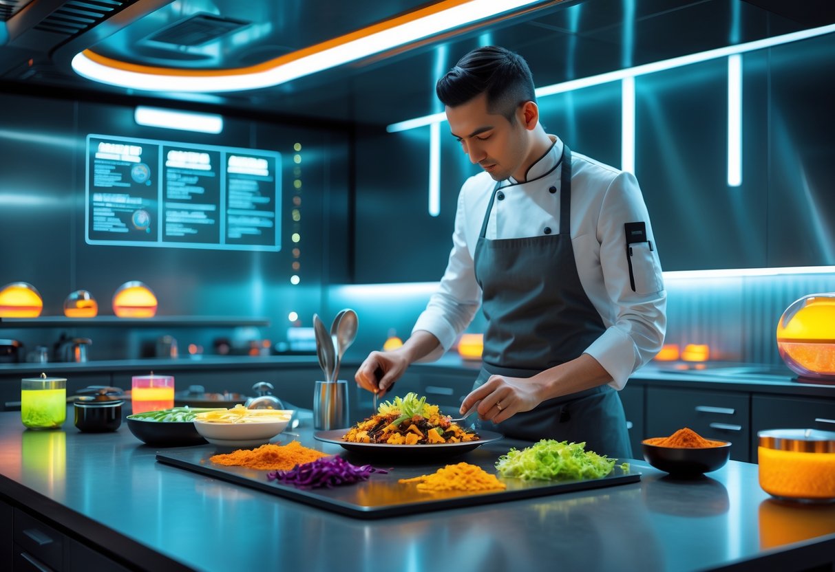 A chef preparing a futuristic dish in a high-tech kitchen with colorful ingredients and glowing containers.