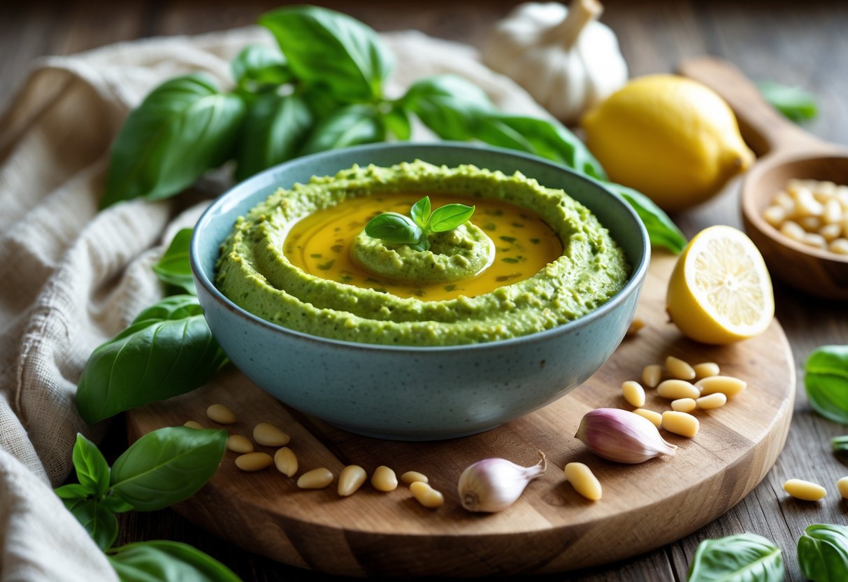 A bowl of green basil pesto hummus on a wooden board surrounded by fresh basil, garlic, pine nuts, olive oil, and a lemon wedge in a kitchen setting.