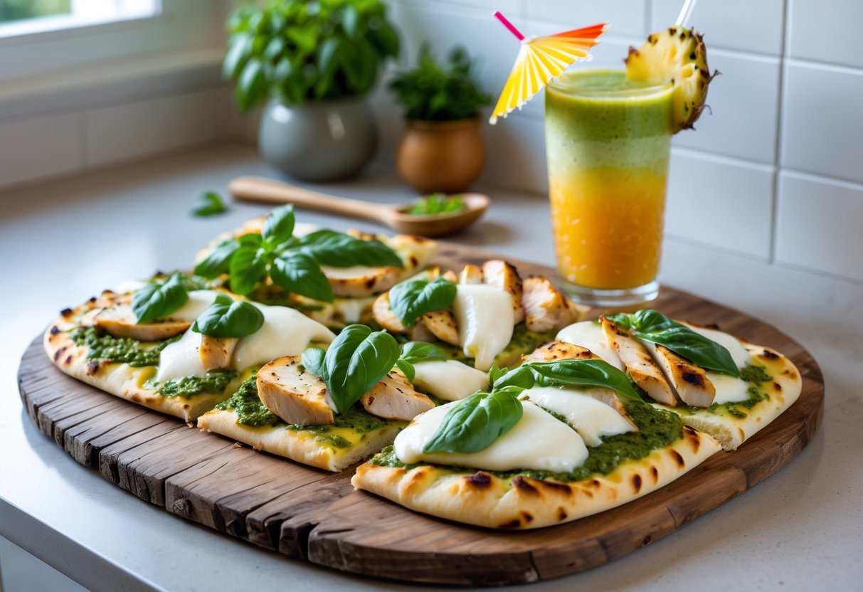 A chicken pesto flatbread on a wooden board next to a glass of tropical smoothie with pineapple garnish on a kitchen countertop.