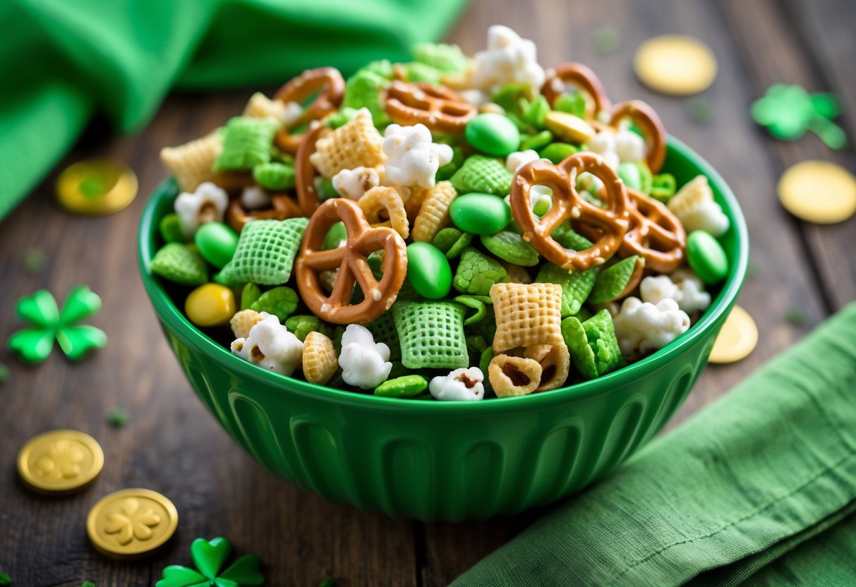 Close-up of a bowl filled with green and gold snack mix on a wooden table with shamrocks and gold coins around it.