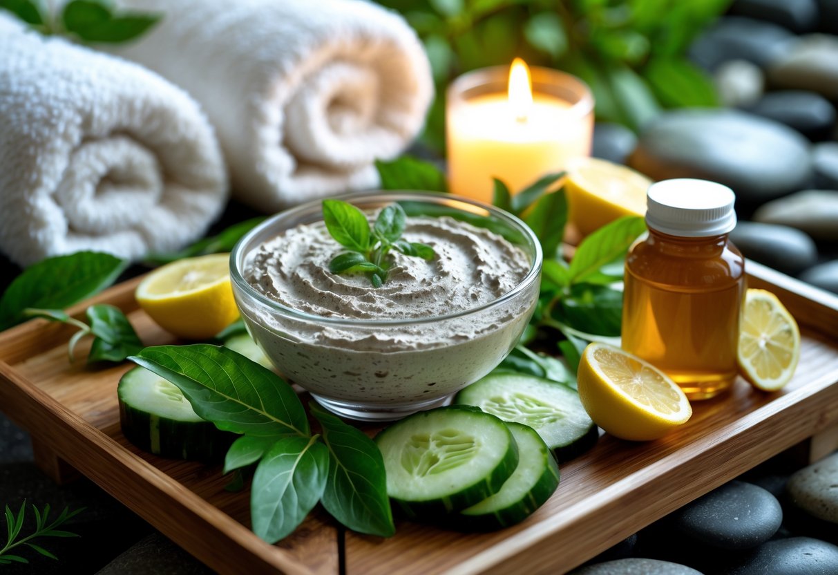 A spa setup with a bowl of natural body wrap mixture surrounded by fresh leaves, cucumber slices, lemon wedges, honey jar, towels, stones, and a lit candle.