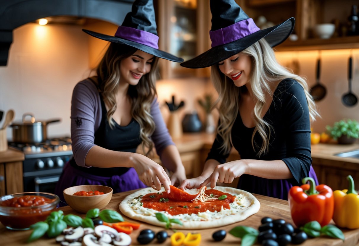 Two women wearing witch hats preparing a pizza together in a kitchen with fresh ingredients on the counter.