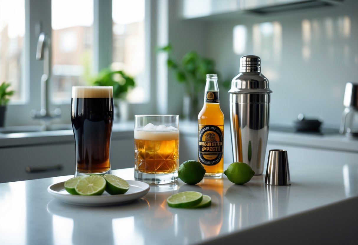 A kitchen countertop with ingredients and tools for making a New York Bomb cocktail, including a tall glass of dark beer, a shot glass of whiskey, an energy drink bottle, and lime wedges.