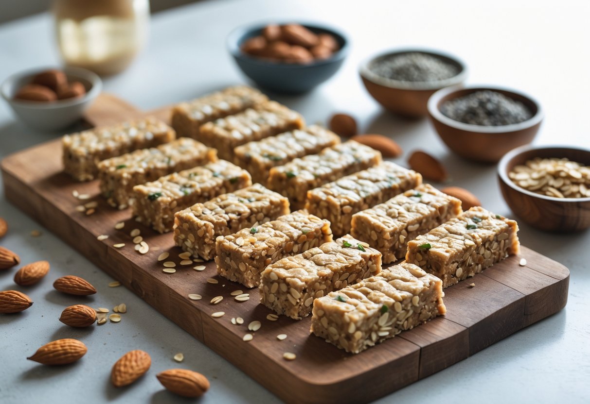 Freshly made protein bars with nuts and seeds arranged on a wooden cutting board in a bright kitchen setting.