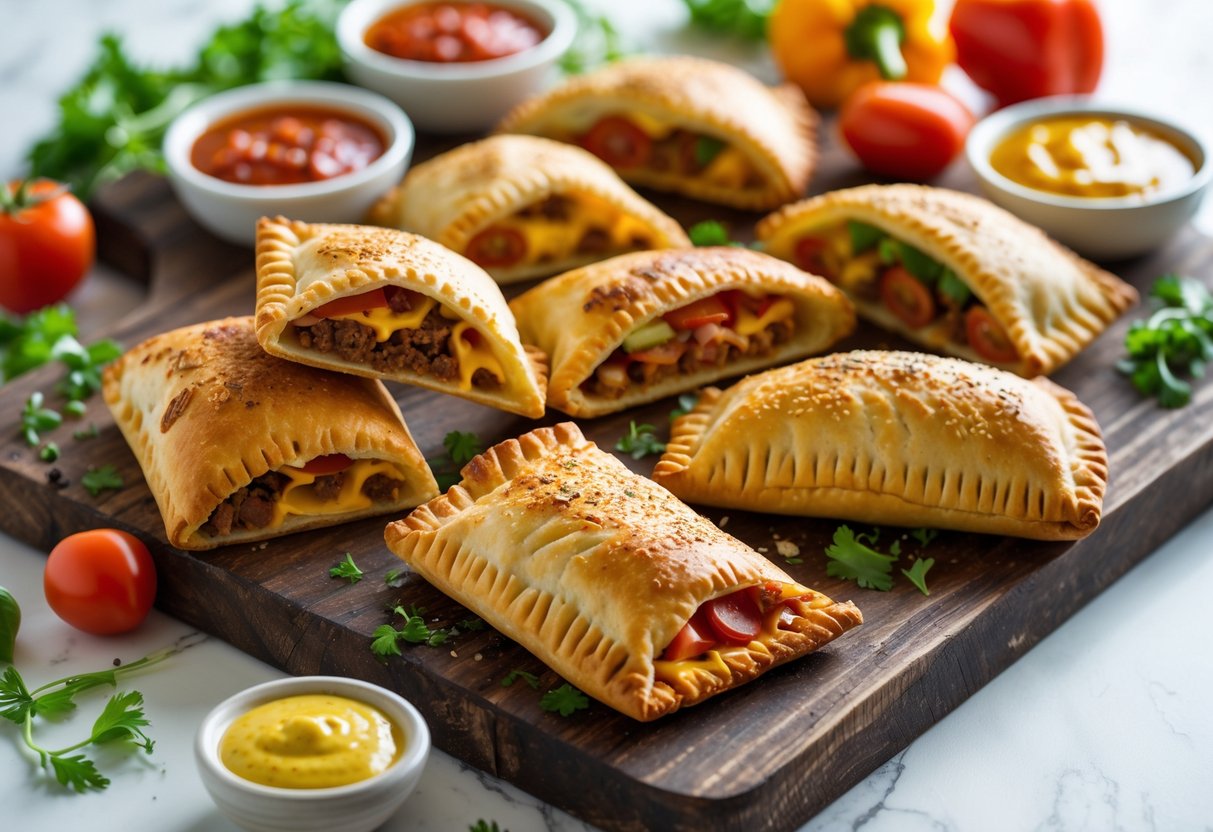 A variety of freshly baked hot pockets with different fillings on a wooden cutting board, accompanied by dipping sauces and fresh ingredients in a bright kitchen setting.