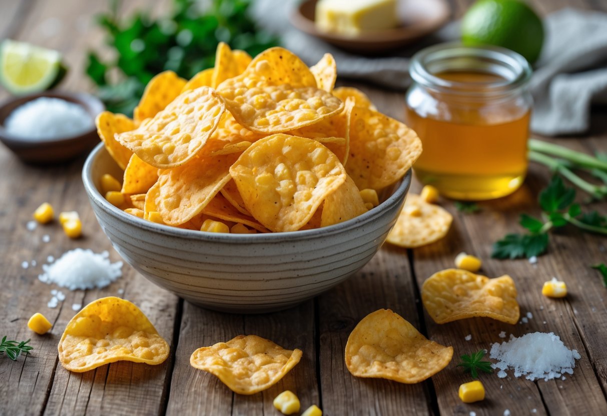 A bowl of golden corn chips on a wooden table surrounded by sea salt, honey, and corn kernels.