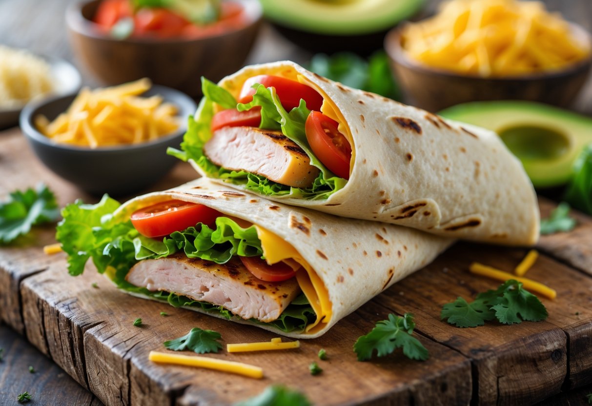 A close-up of a sliced cheese wrap filled with melted cheese, lettuce, tomato, and grilled chicken on a wooden board with bowls of ingredients nearby.