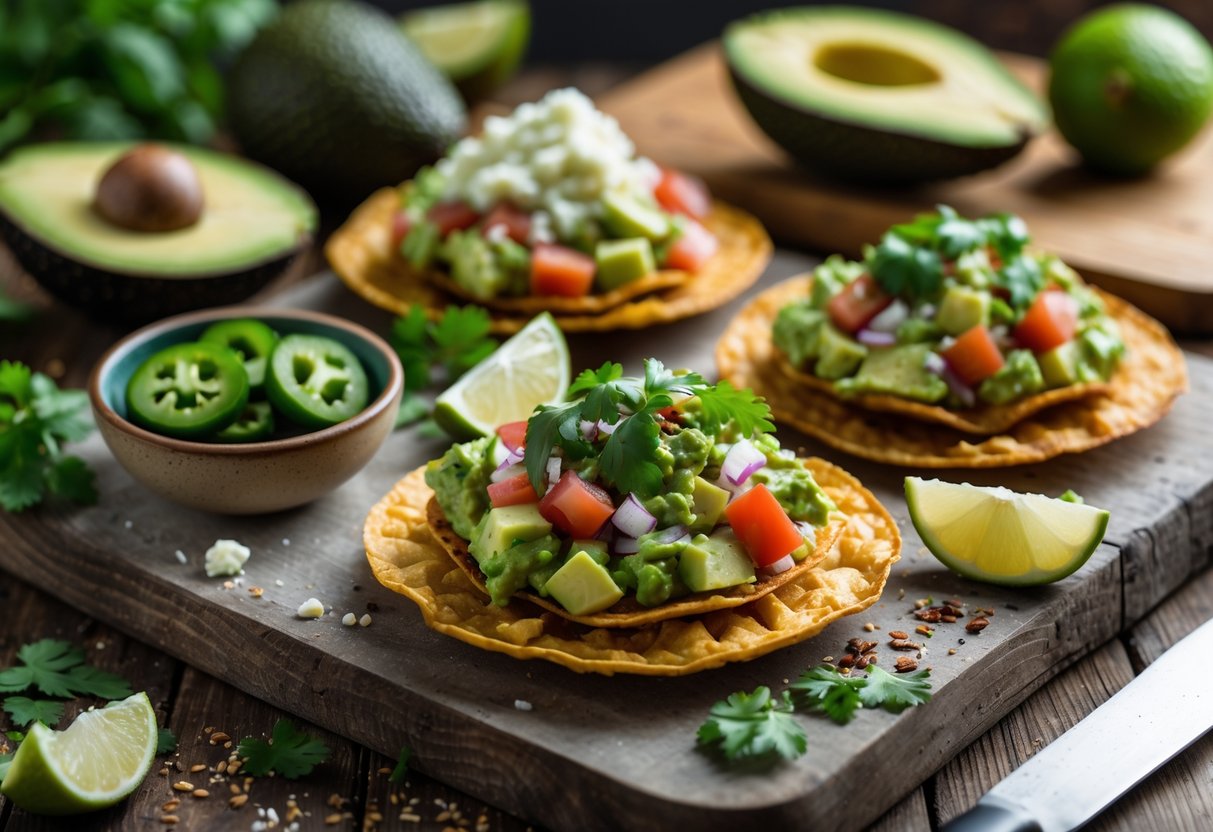 A plate of tostadas topped with fresh guacamole and garnishes on a wooden table with bowls of ingredients and fresh avocados nearby.