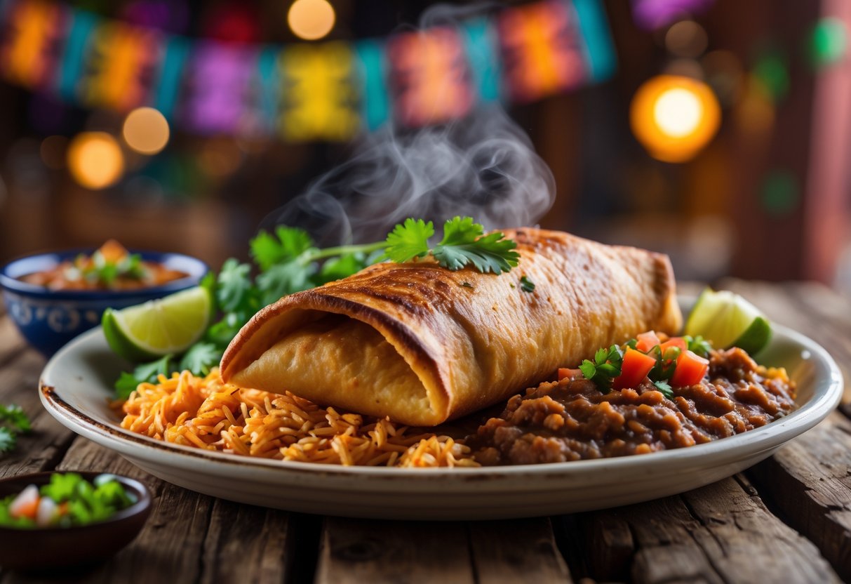 A golden brown chimichanga served on a white plate with Mexican rice, refried beans, cilantro garnish, and a lime wedge on a wooden table.