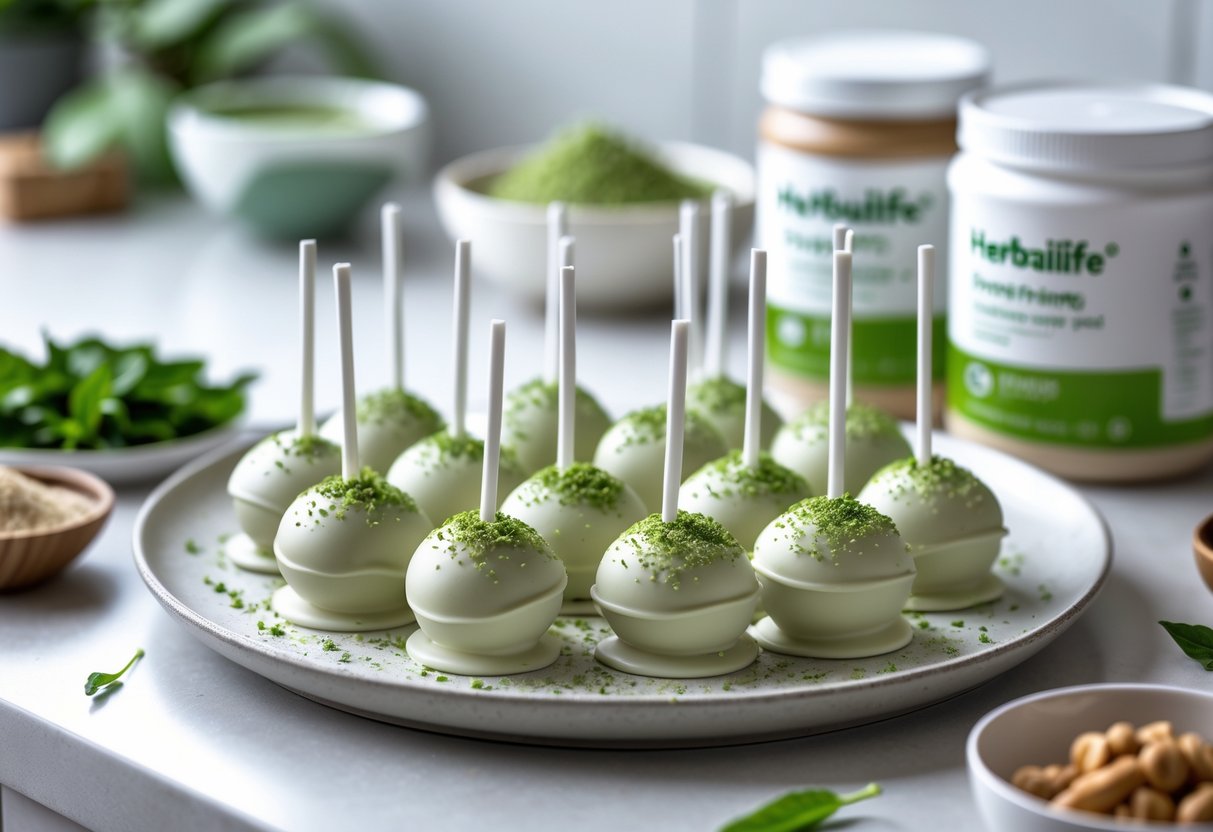 A plate of decorated cake pops with green accents on a kitchen countertop surrounded by fresh ingredients like green tea leaves and protein powder.