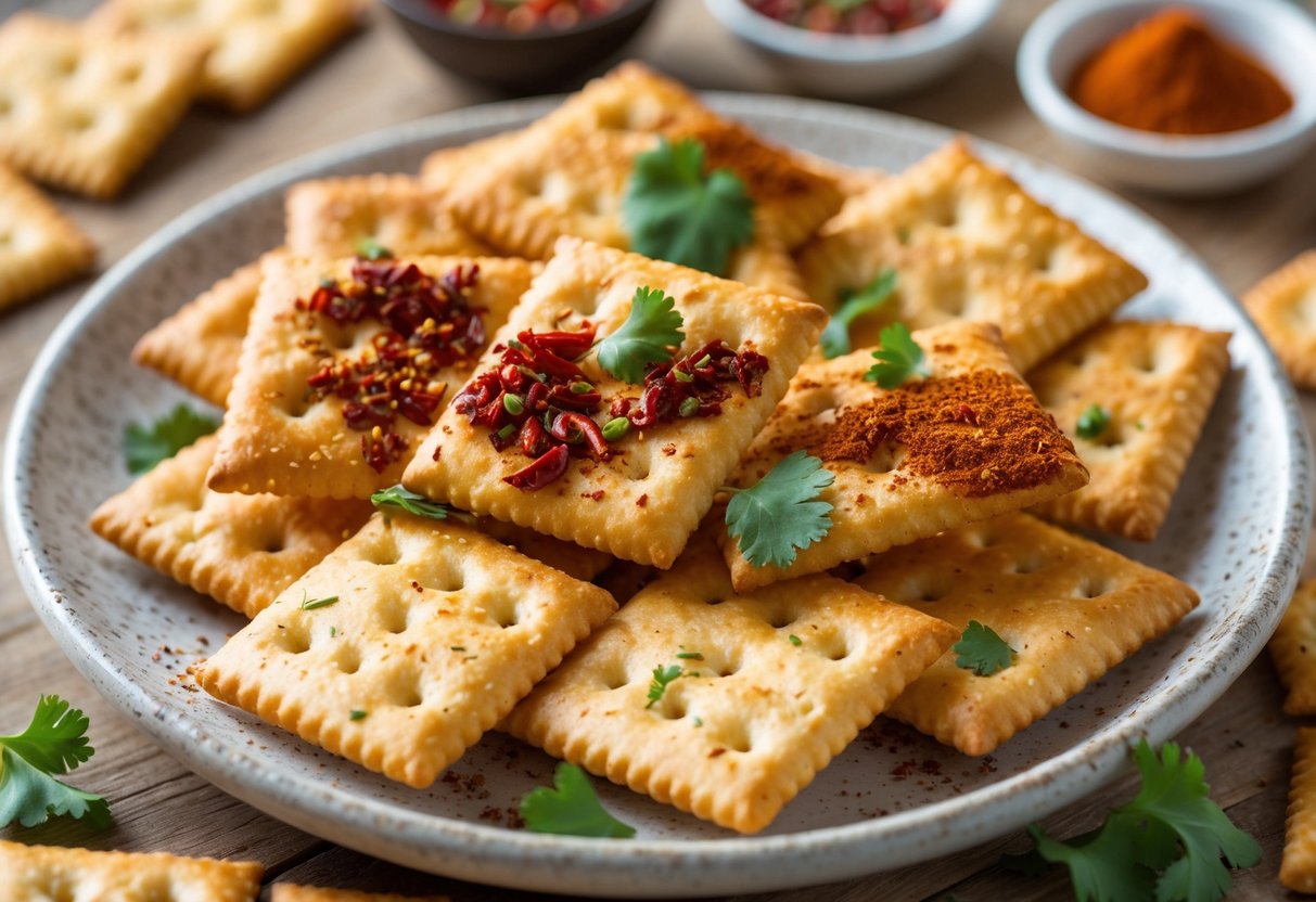 A plate of golden Ritz crackers coated with red chili powder and herbs on a wooden table with spice bowls nearby.