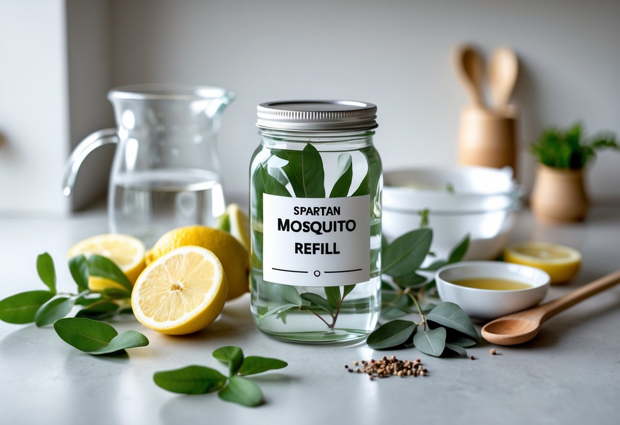 A kitchen countertop with natural ingredients like lemon slices, eucalyptus leaves, a glass jar, and measuring tools arranged for making a mosquito refill.
