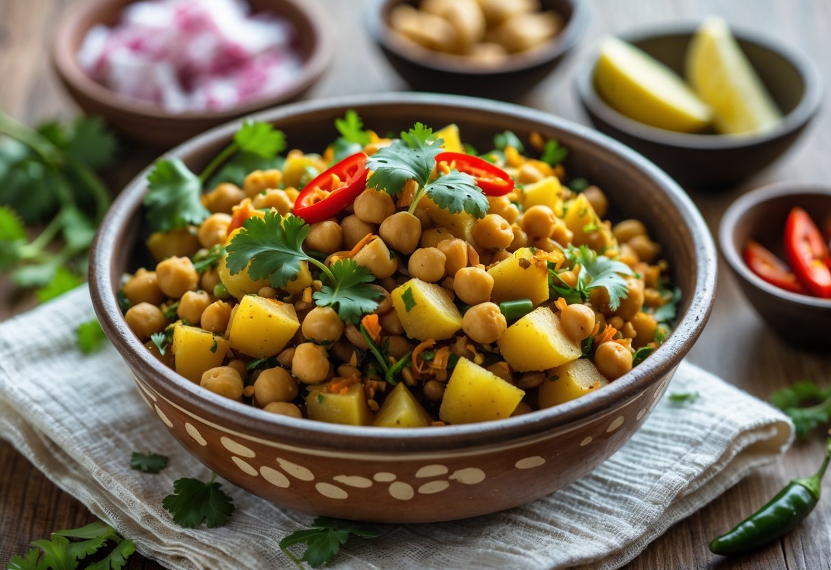 A bowl of spiced chickpeas, peanuts, and potatoes garnished with coriander and chili on a wooden table with small bowls of onions, lemon, and chilies nearby.