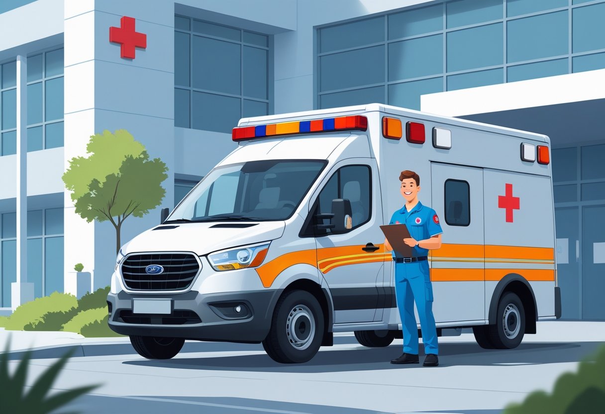 Ambulância moderna estacionada em frente a um hospital, com um paramédico ao lado segurando uma prancheta e sorrindo.