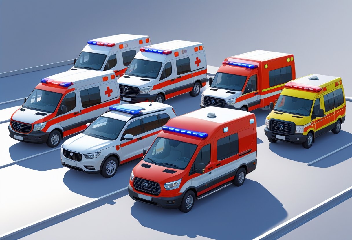 Vários tipos principais de ambulâncias estacionadas lado a lado em um pátio, mostrando diferentes modelos usados para aluguel.