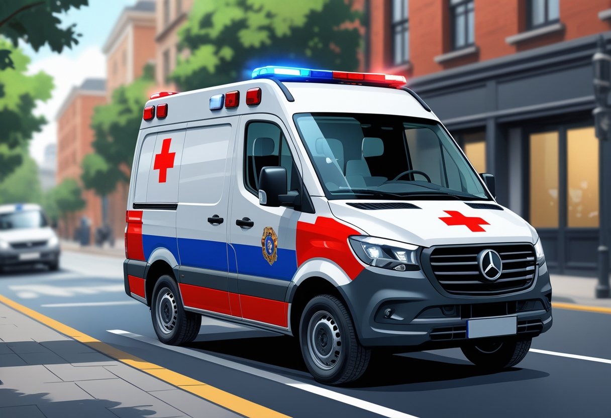 Uma ambulância pequena branca com marcas vermelhas e azuis estacionada em uma rua da cidade.