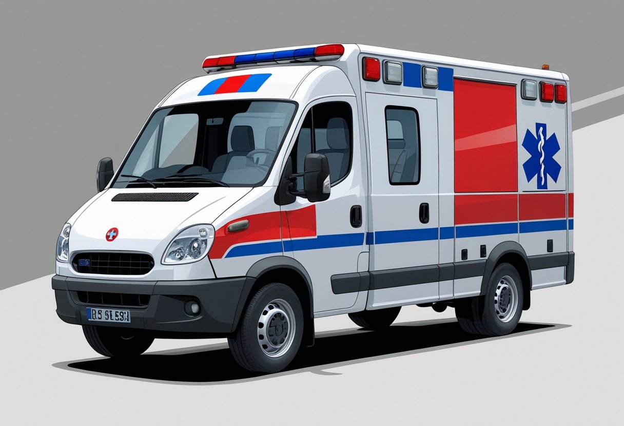 Uma ambulância Tipo B branca com faixas vermelhas e azuis estacionada, vista de três quartos na frente.