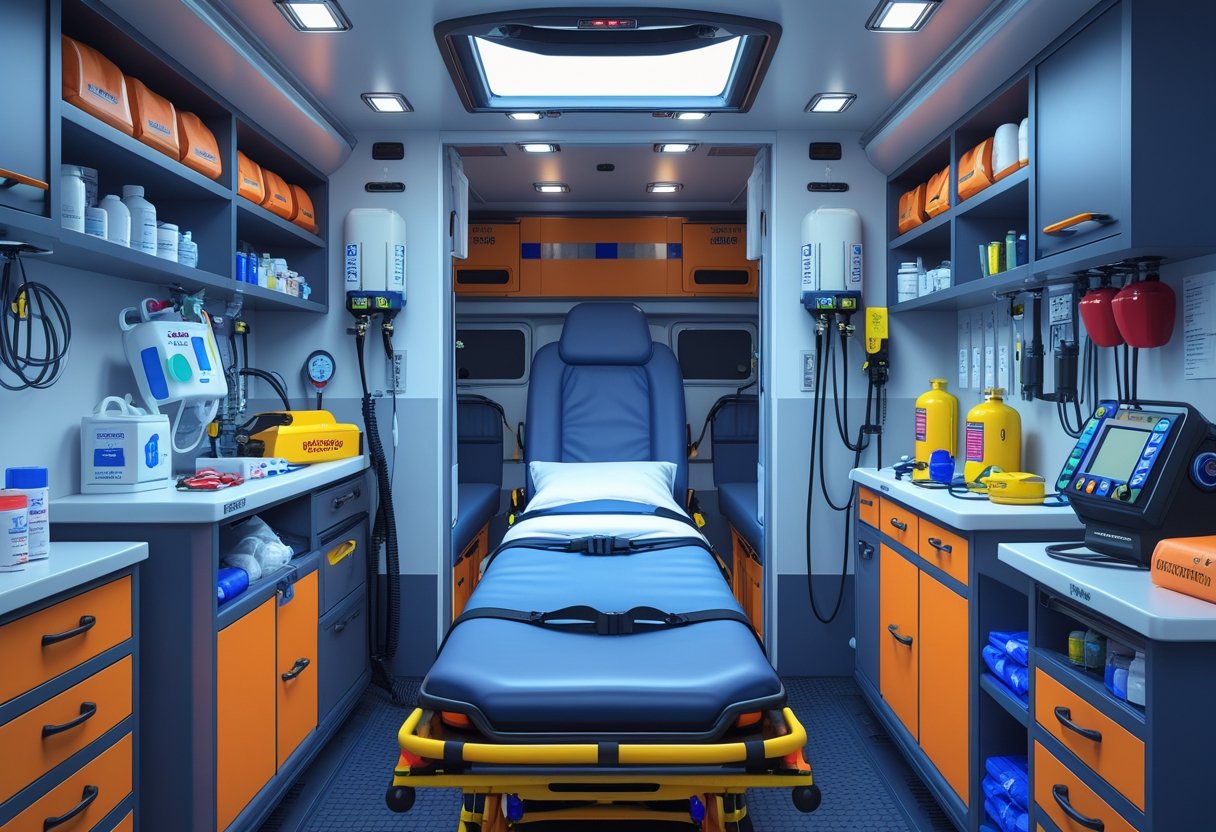 Interior de uma ambulância tipo B mostrando todos os equipamentos e itens obrigatórios organizados, incluindo maca, tanques de oxigênio, desfibrilador e kits médicos.