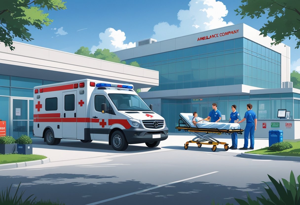 Uma ambulância estacionada em frente a um hospital, com paramédicos ajudando um paciente em uma maca, enquanto funcionários em um escritório coordenam chamadas de emergência.