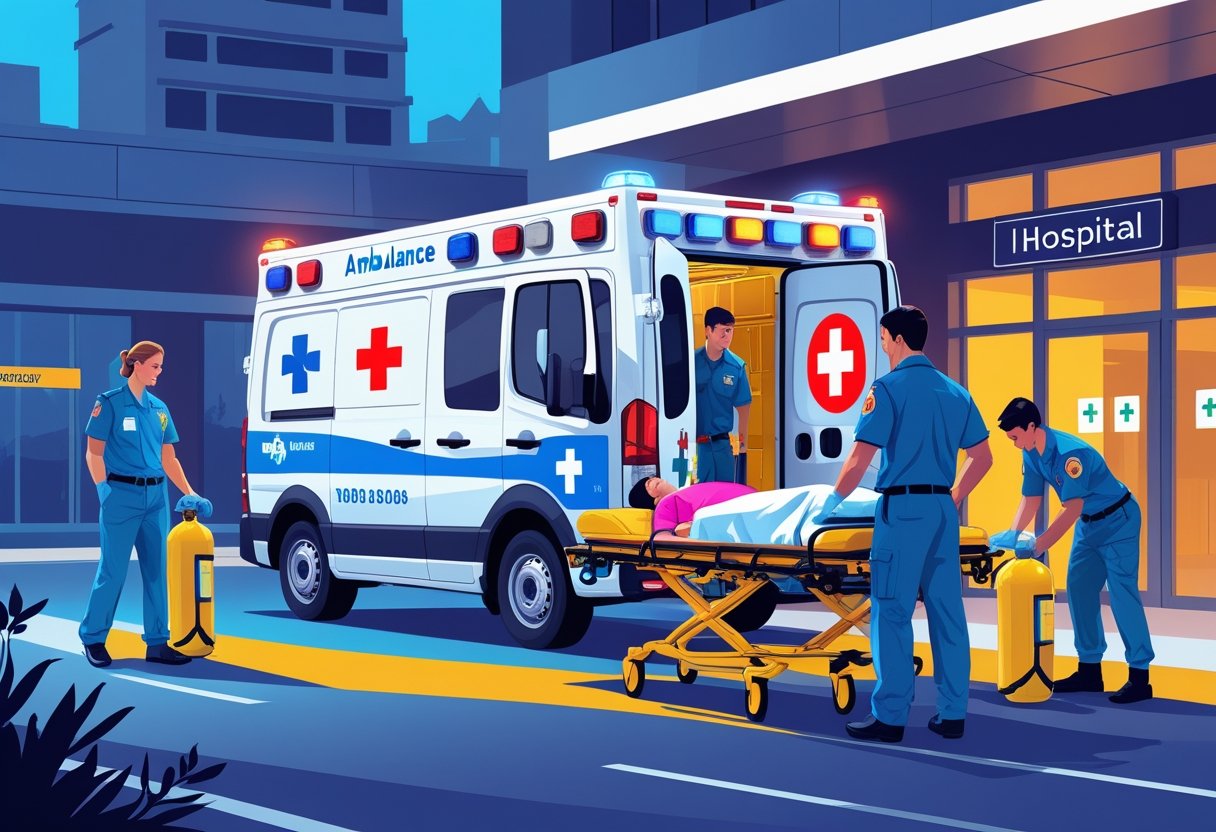 Uma ambulância moderna com paramédicos atendendo um paciente em uma maca próximo à entrada de um hospital em ambiente urbano.