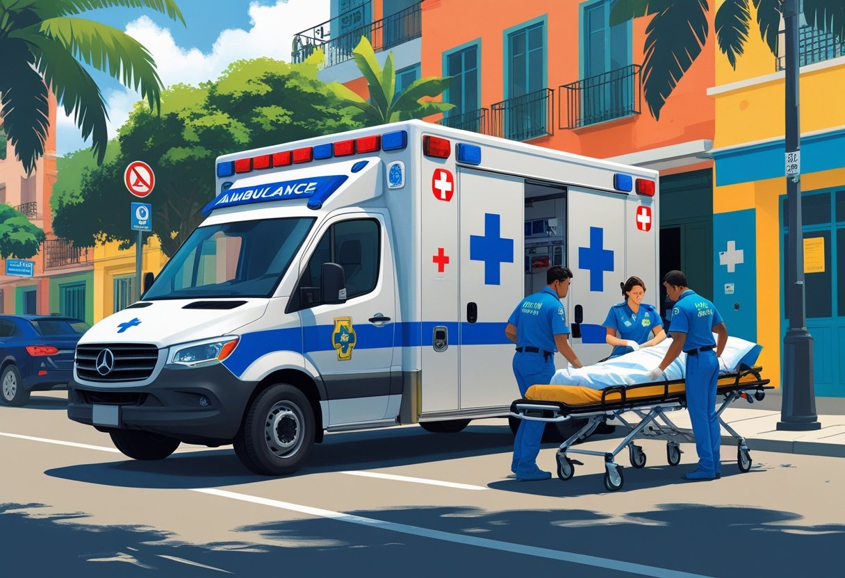 Uma ambulância brasileira com paramédicos atendendo um paciente em uma rua da cidade.