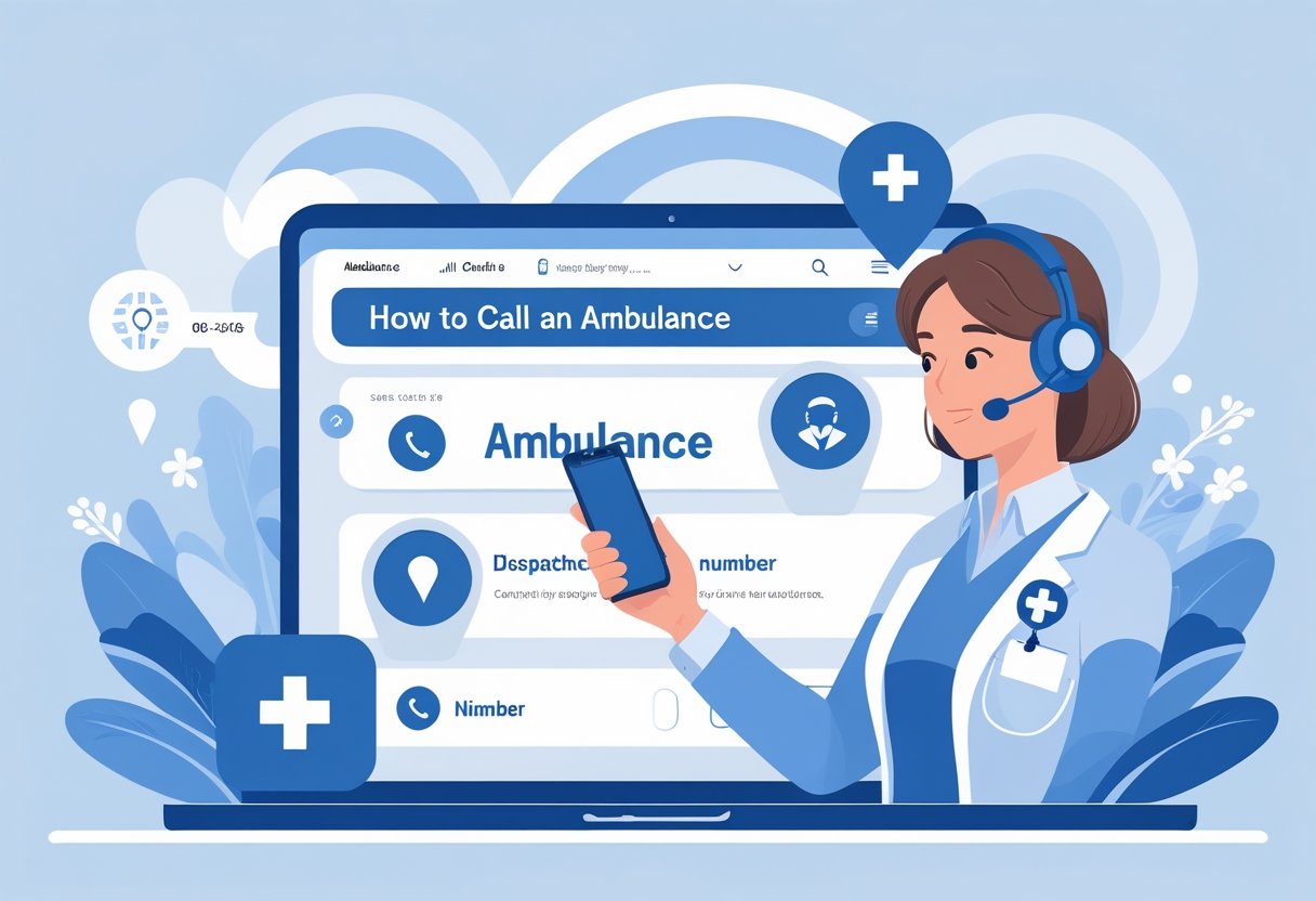 Pessoa segurando um smartphone buscando o número da ambulância, com um atendente de emergência ao fundo pronto para ajudar.