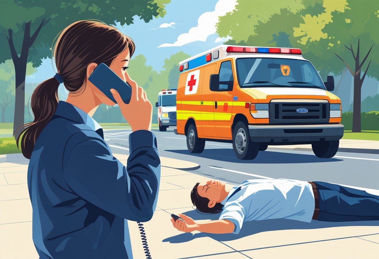 Pessoa preocupada fazendo uma ligação para uma ambulância enquanto outra pessoa está caída no chão, com uma ambulância se aproximando ao fundo.