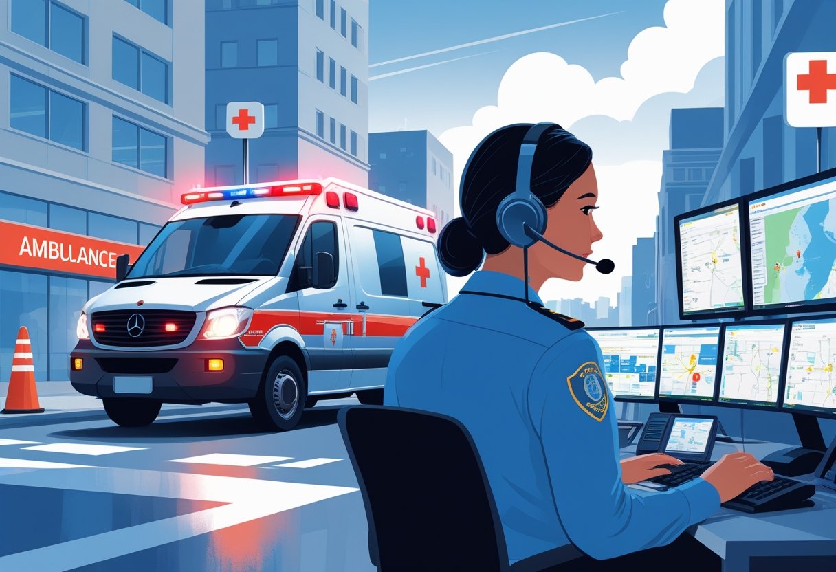 Uma ambulância com luzes piscando estacionada em uma rua da cidade, com um atendente de emergência usando fone de ouvido em um centro de comunicação ao fundo.