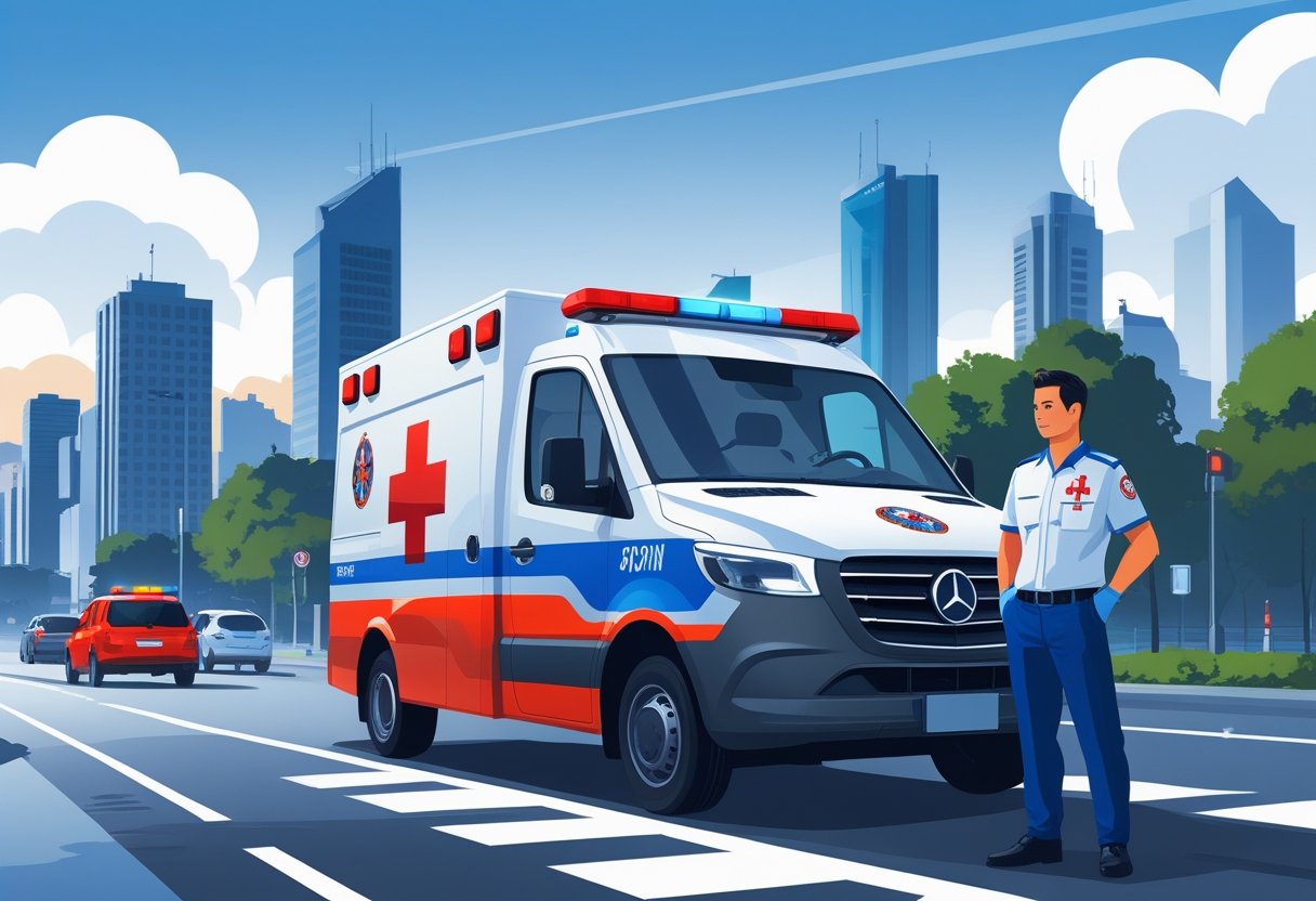 Uma ambulância estacionada em uma rua movimentada de São Paulo, com um paramédico ao lado e prédios da cidade ao fundo.