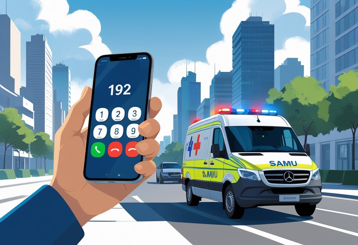 Pessoa segurando um smartphone discando o número 192 para chamar a ambulância SAMU, com uma ambulância e a paisagem de São Paulo ao fundo.