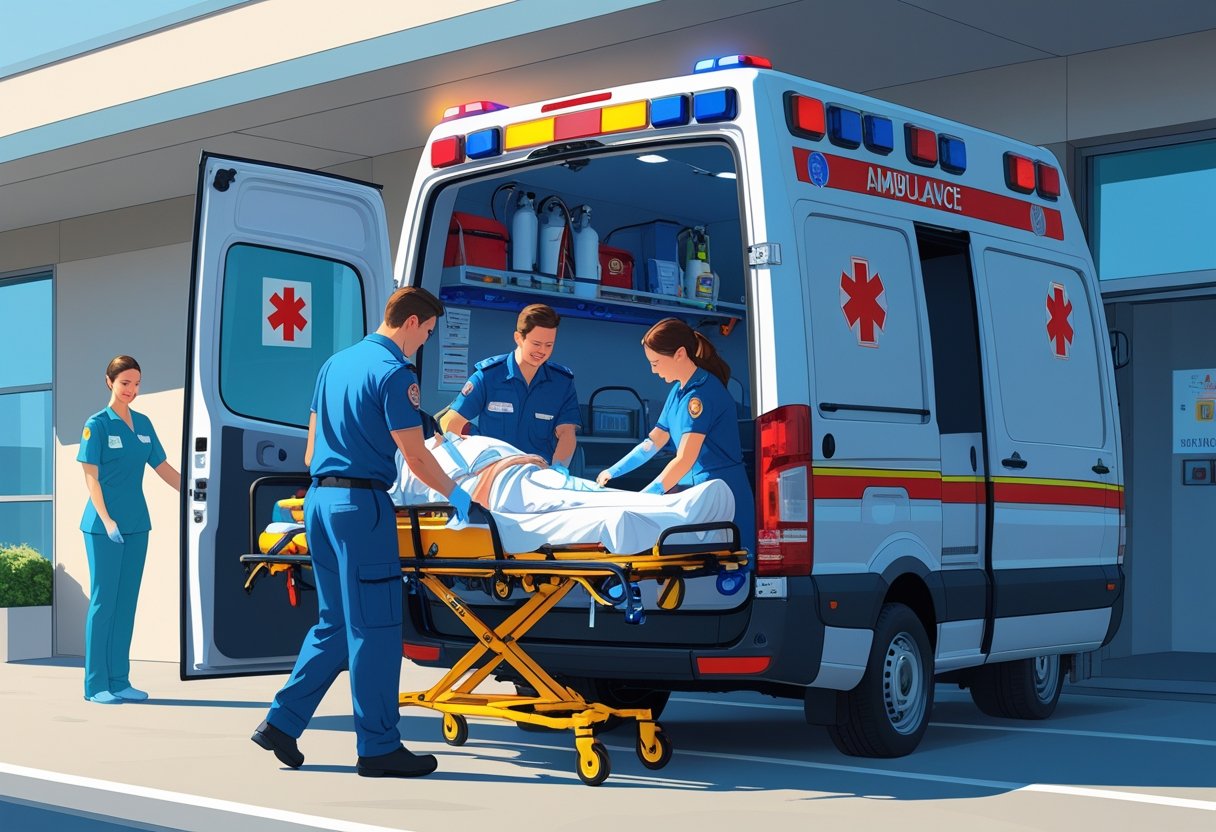 Serviço de Ambulância: Como Escolher a Melhor Opção Para Emergências Médicas 1 Uma ambulância estacionada em frente a um hospital com paramédicos carregando um paciente em uma maca para dentro do veículo.