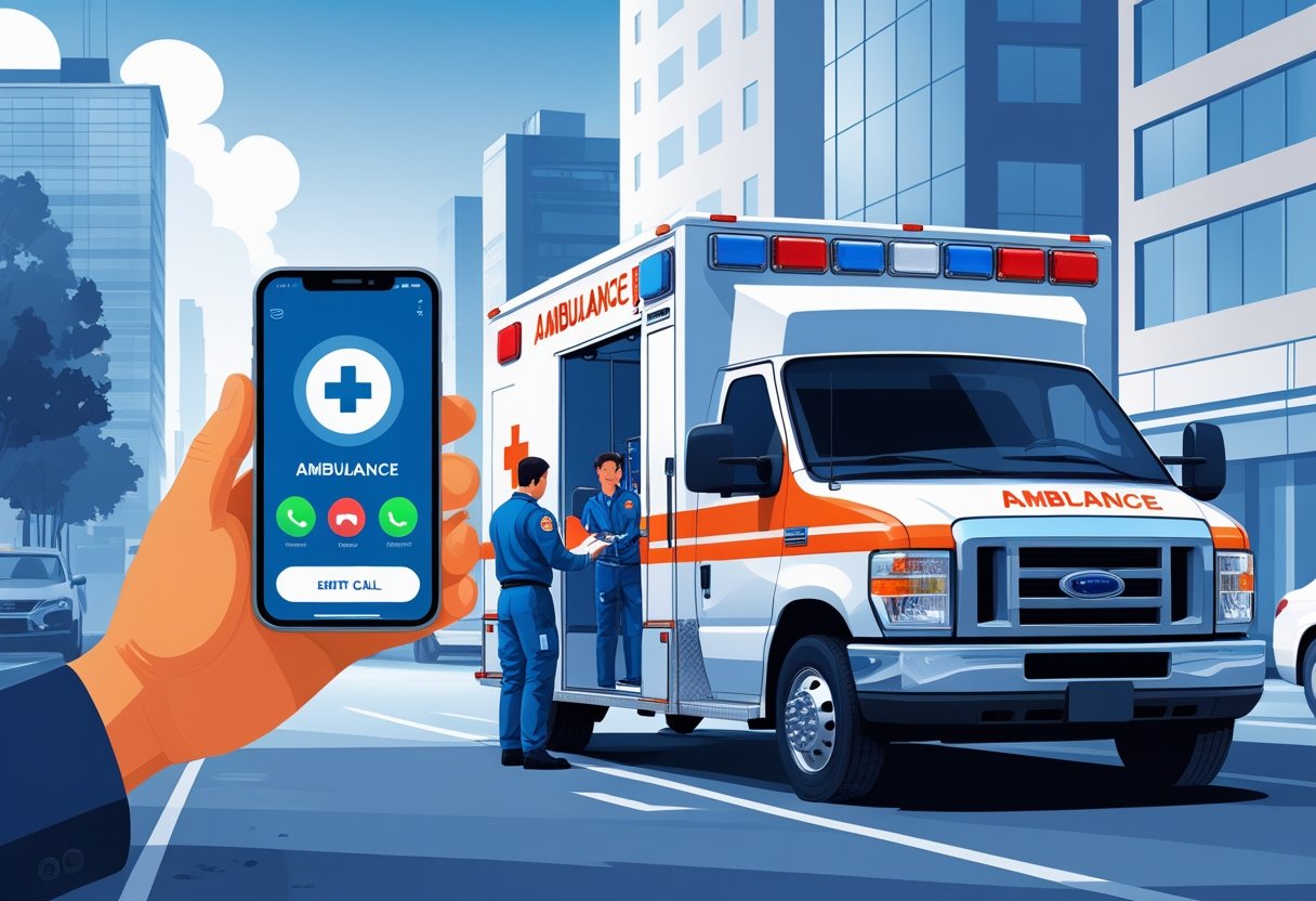 Uma ambulância estacionada na rua com paramédicos atendendo uma emergência, enquanto uma pessoa segura um smartphone com a tela mostrando uma chamada de emergência.