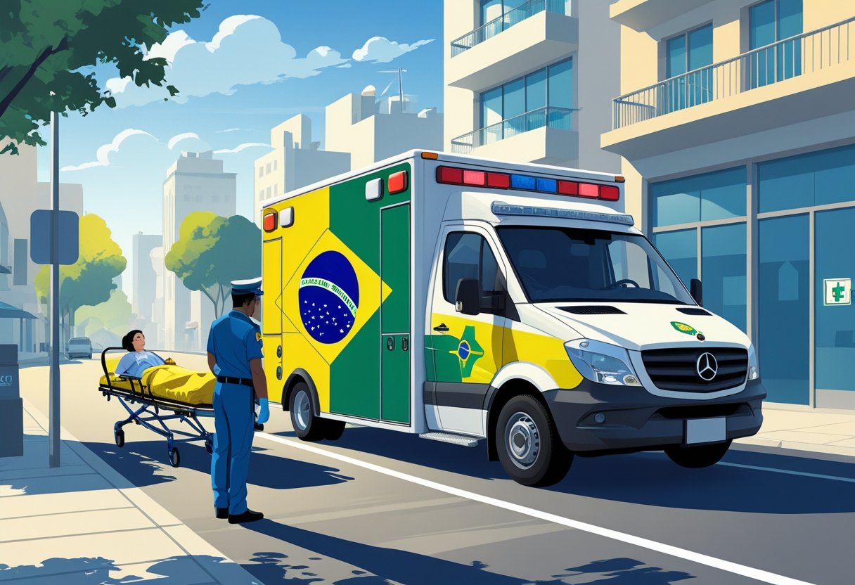 Ambulância com as cores da bandeira do Brasil em uma rua da cidade, com um paramédico atendendo um paciente em uma maca.