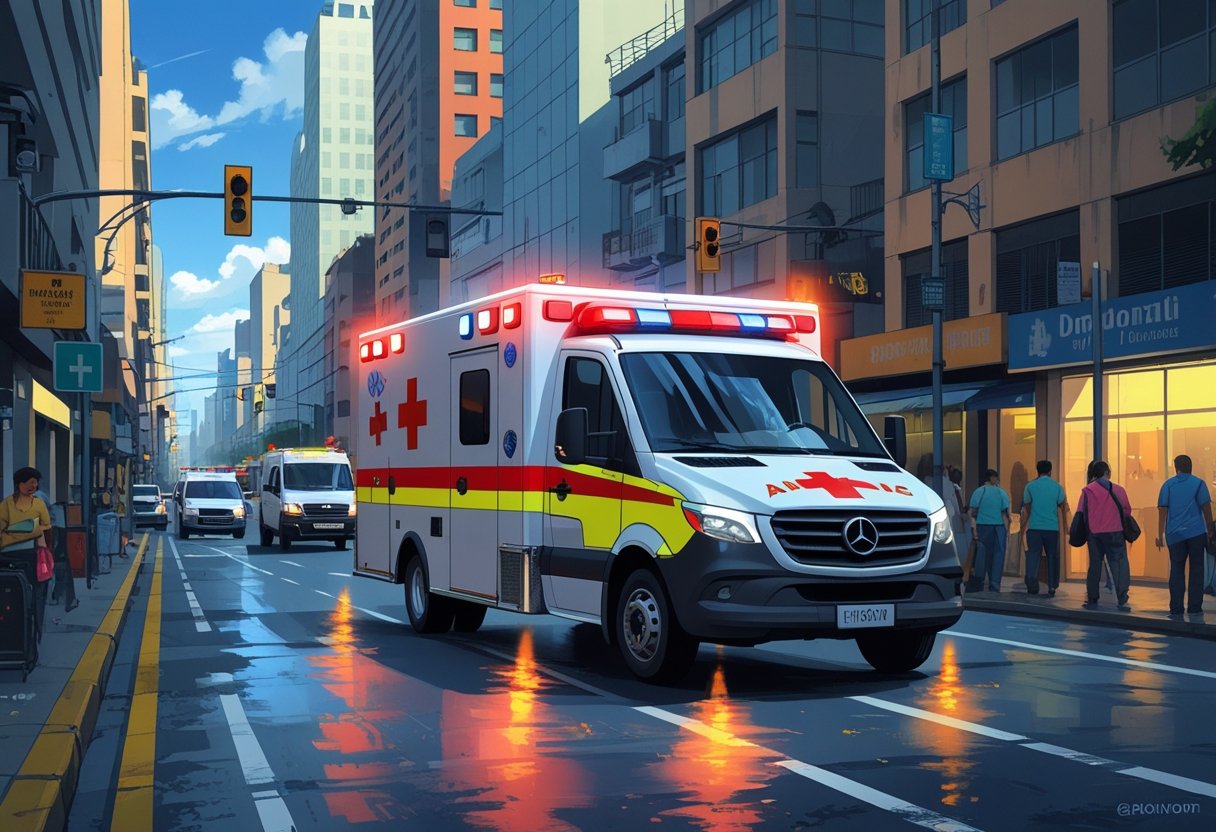 Uma ambulância branca com faixas vermelhas e amarelas circulando em uma rua movimentada de São Paulo, cercada por prédios altos e pessoas na calçada.