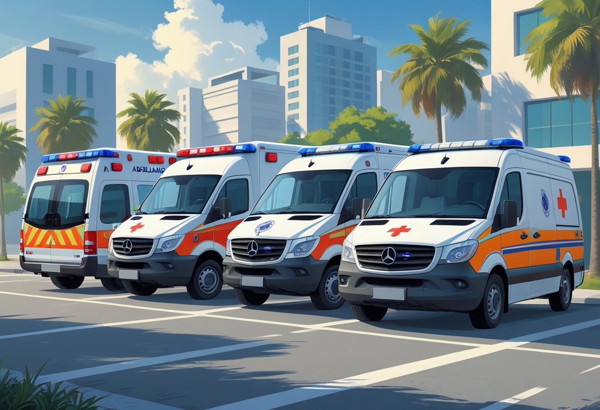 Três tipos principais de ambulância estacionadas lado a lado em uma rua urbana de São Paulo, com edifícios ao fundo.