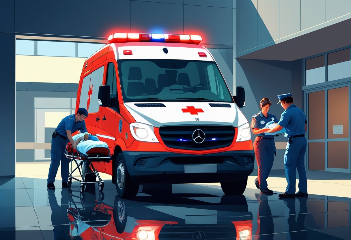 Uma ambulância com luzes de emergência ligadas e paramédicos atendendo um paciente em uma maca, com um hospital ao fundo.